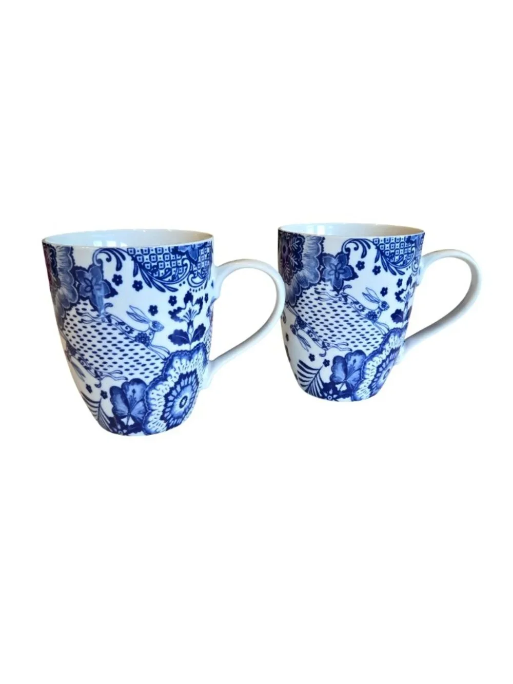 Pier 1 Blue White Floral Rabbit Bird Motif Porcelain Mugs Set of 2 *READ